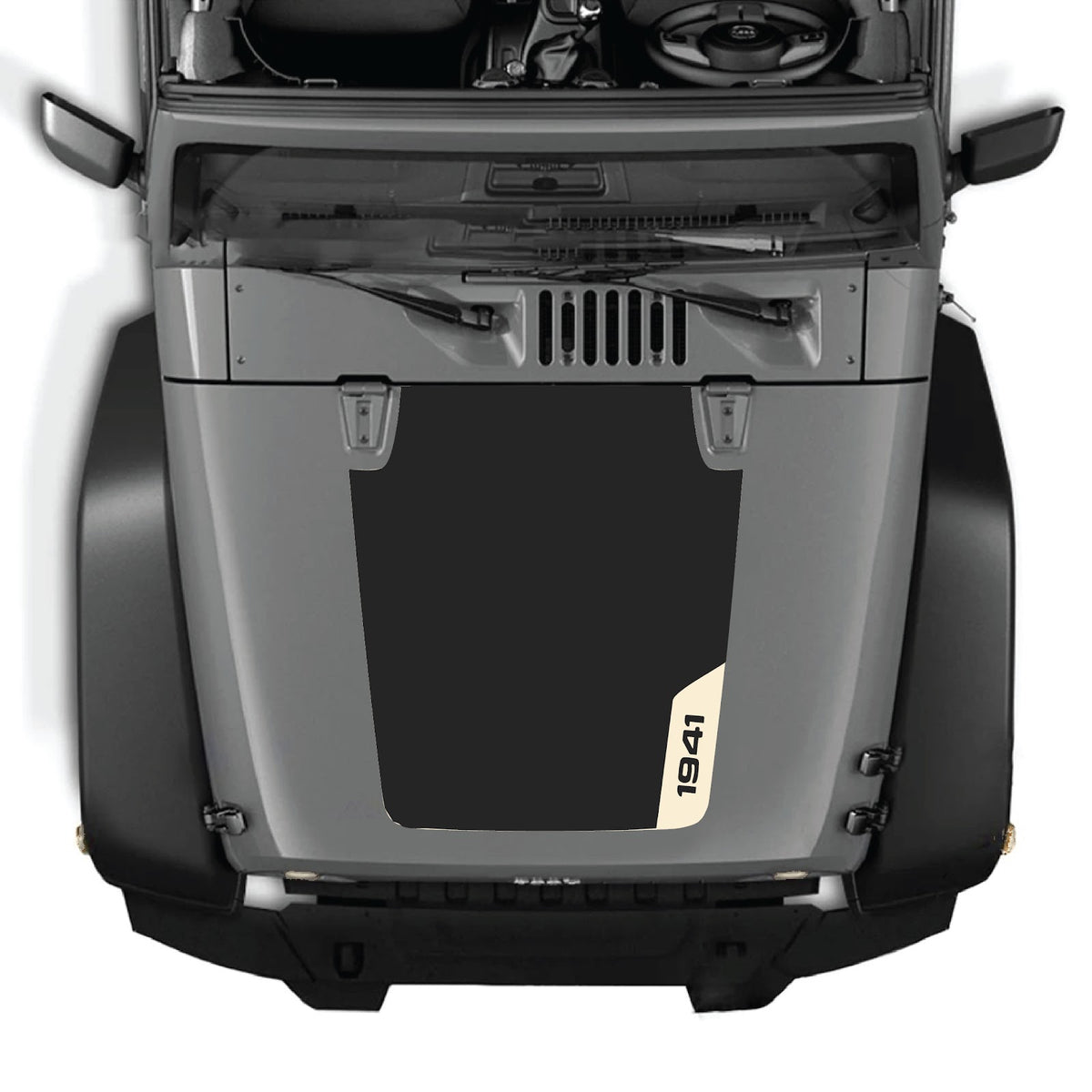 Jeep Wrangler JK/JKU hood decal by CarCode, style #35, black and gray graphic design on vehicle hood.
