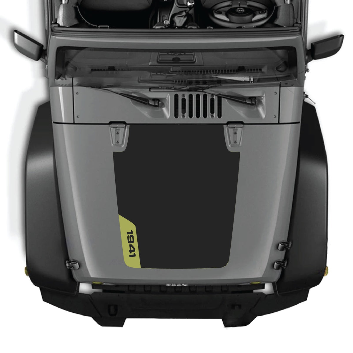 Jeep Wrangler JK/JKU hood decal by CarCode, style #37, black graphic design on vehicle hood, fits 2007-2018 models.
