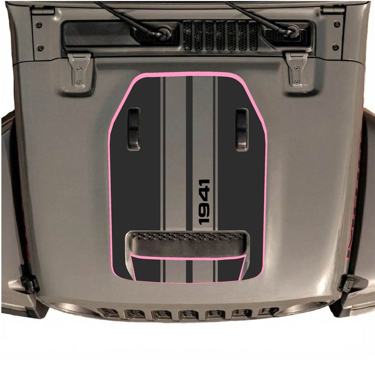 CarCode Jeep Wrangler JL/JLU Rubicon 392 and Gladiator Mojave hood decal in style #72, black and white graphic design on vehicle hood.