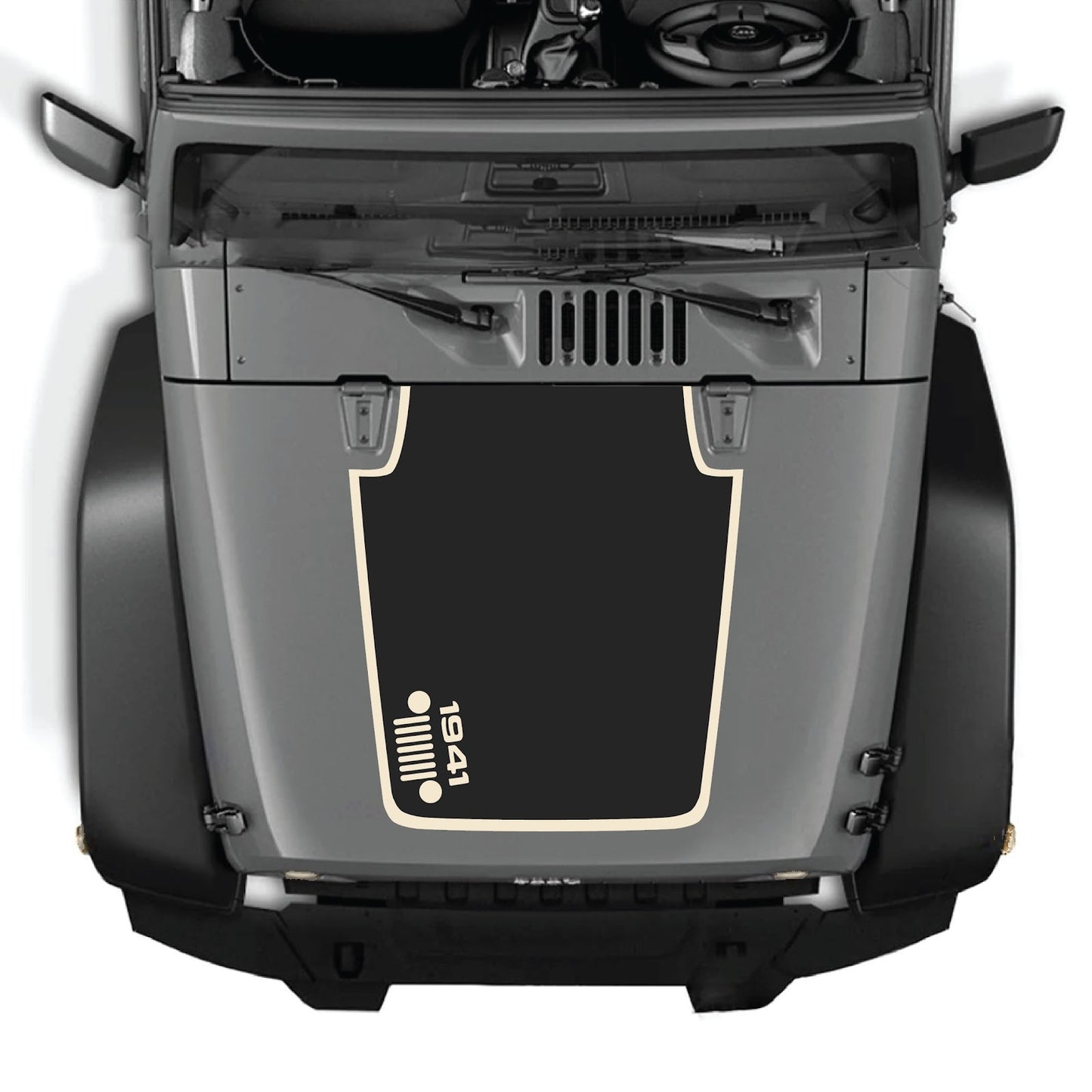 CarCode Jeep Wrangler JK/JKU hood decal in style #58, black and gray design, applied on the vehicle's hood.