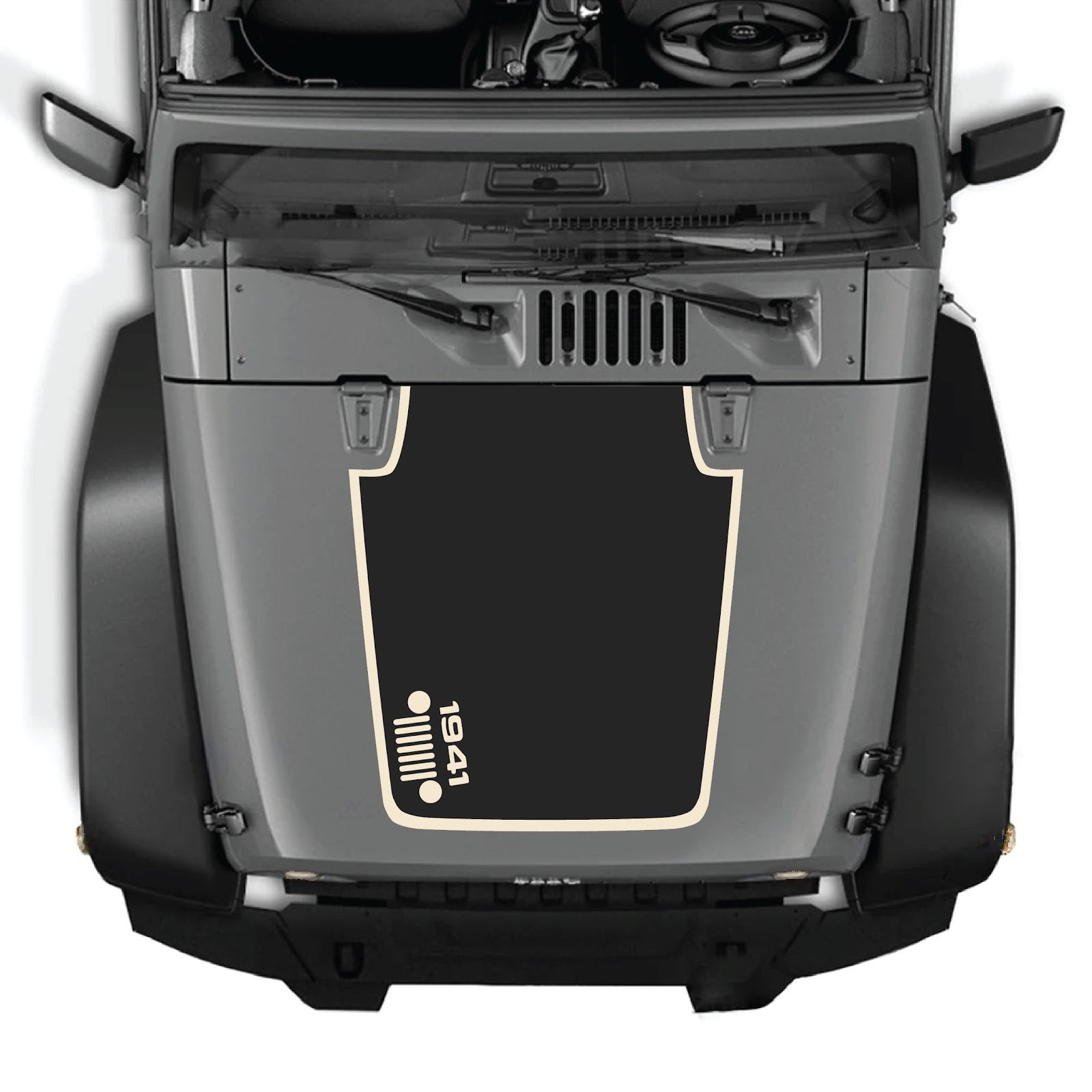 CarCode Jeep Wrangler JK/JKU hood decal in style #58, black and gray design, applied on the vehicle's hood.