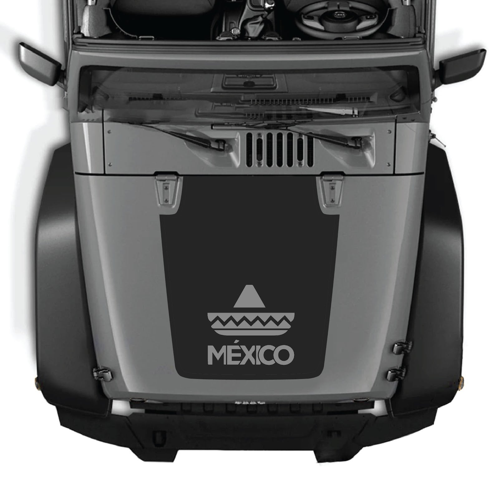 CarCode Jeep Wrangler JK/JKU hood decal, Style #33, 2007-2018, black and gray graphic design on vehicle hood.