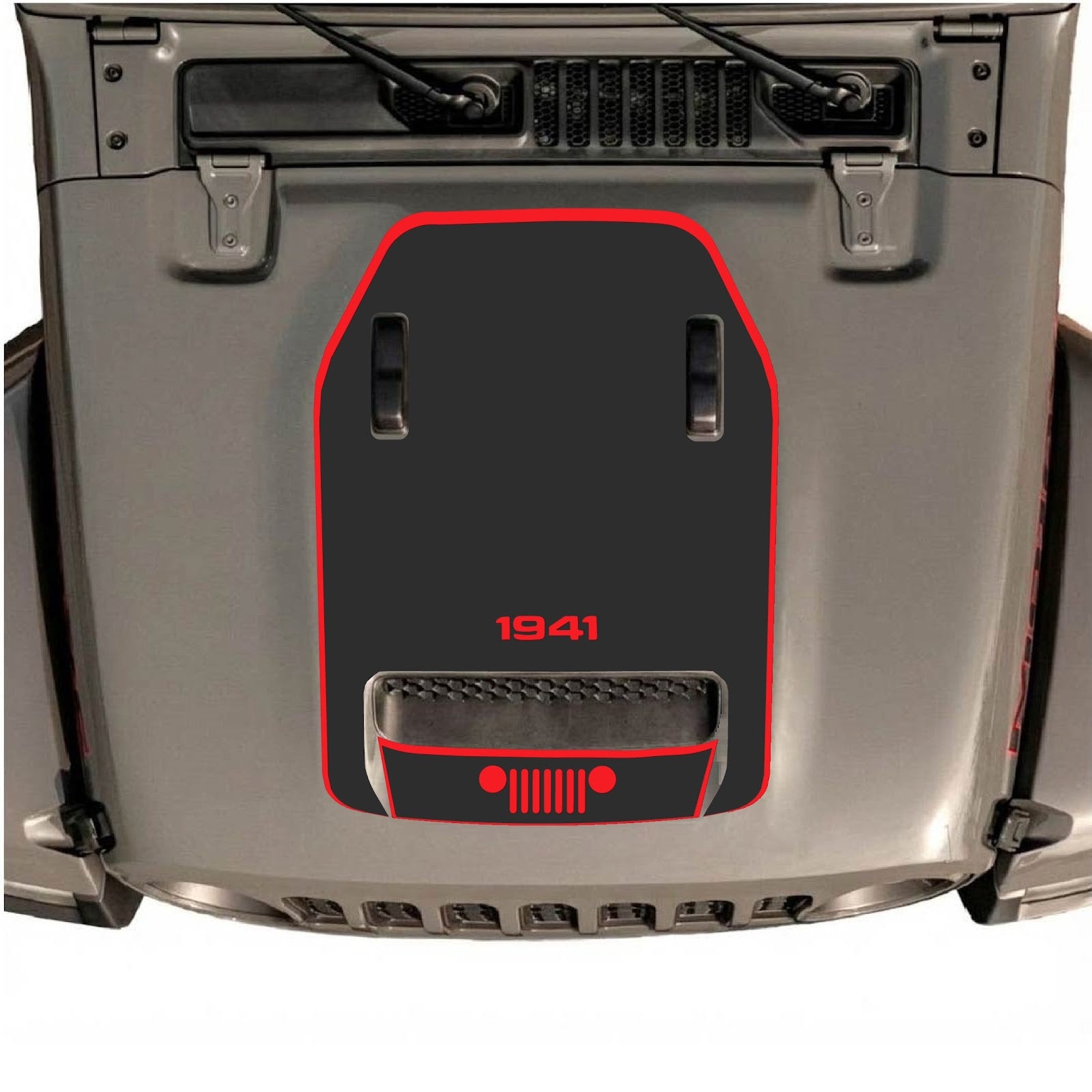 CarCode Jeep Wrangler JL/JLU Rubicon 392 and JT Gladiator Mojave hood decal, style #59, with black and gray design on vehicle hood