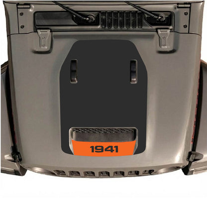 Jeep Wrangler JL/JLU Rubicon 392 and Gladiator Mojave hood decal by CarCode, style #64, shown on vehicle hood in black and white