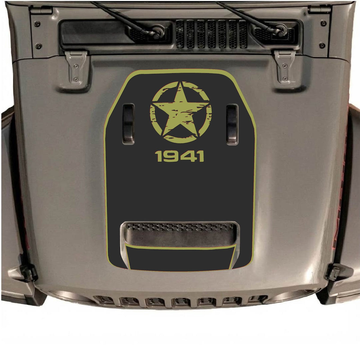 Autocollant de capot CarCode pour Jeep Wrangler JL/JLU Rubicon 392 et JT Gladiator Mojave 2020-2026, style n° 37, présenté sur le capot du véhicule.