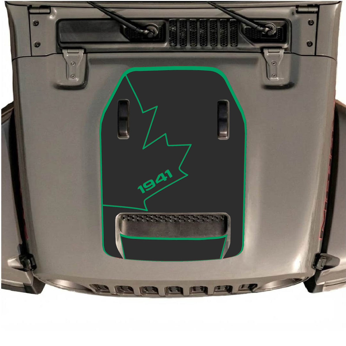 CarCode Jeep Wrangler JL/JLU Rubicon 392 and Gladiator Mojave hood decal in style #25, black graphic design on vehicle hood