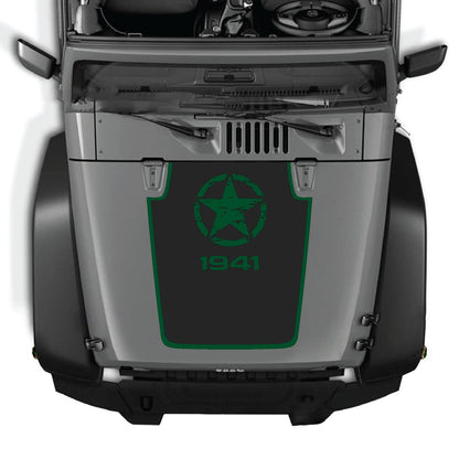 CarCode hood decal for Jeep Wrangler JK/JKU 2007-2018, style #47, shown on the vehicle's hood with bold design and black finish.