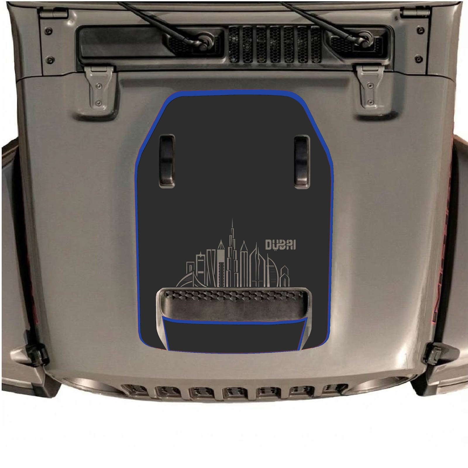 Jeep Wrangler JL/JLU Rubicon 392 and JT Gladiator Mojave hood decal by CarCode, style #75, shown on vehicle hood.