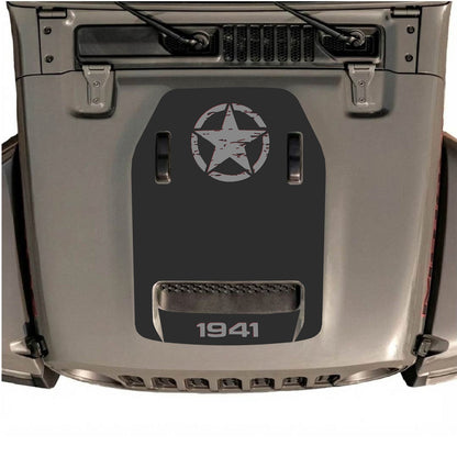 CarCode Autocollant de capot pour Jeep Wrangler JL/JLU Rubicon 392 et JT Gladiator Mojave, style #40, motif graphique noir et gris sur le capot du véhicule.