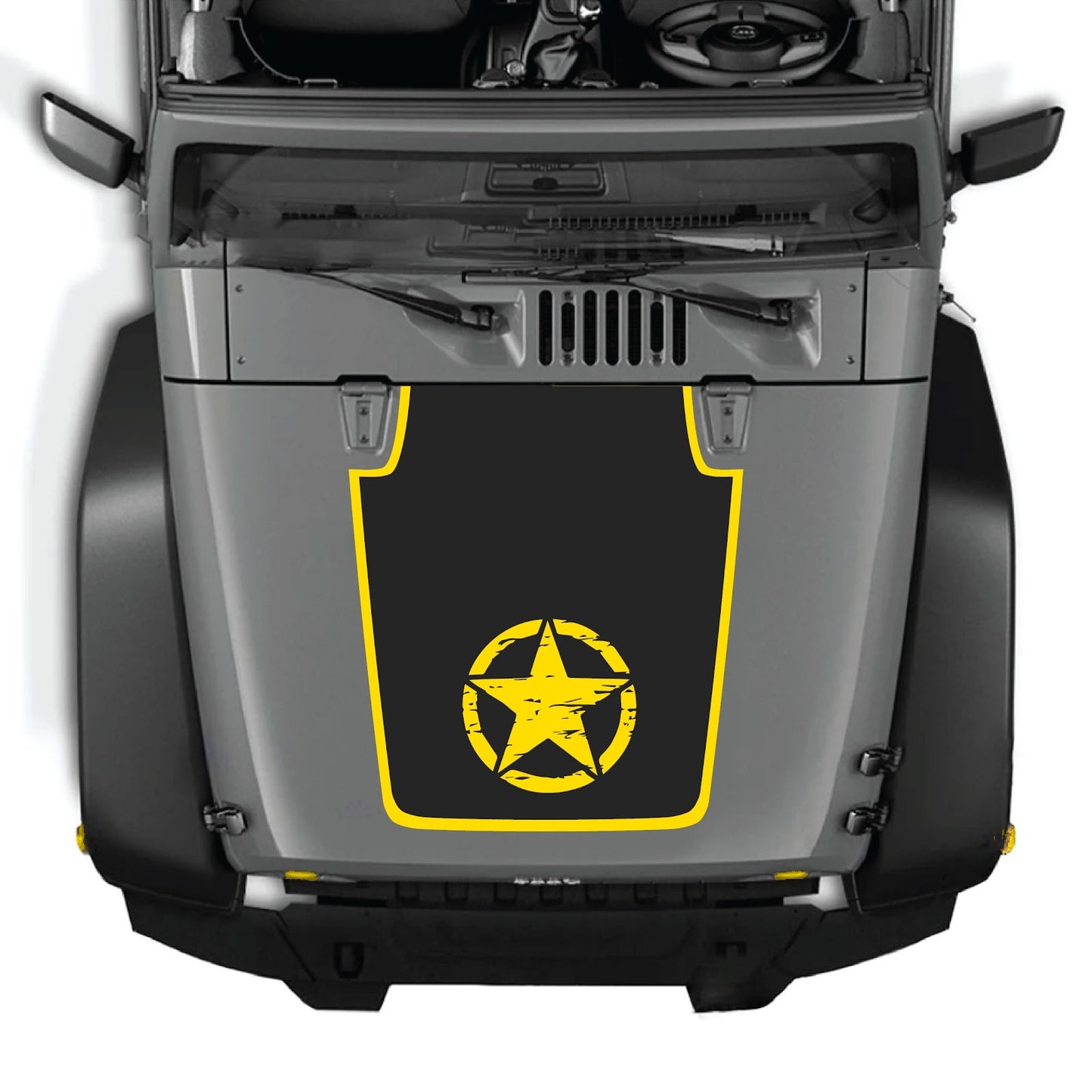 CarCode hood decal for Jeep Wrangler JK/JKU 2007-2018, style #21, featuring a bold black and white graphic design on the hood.