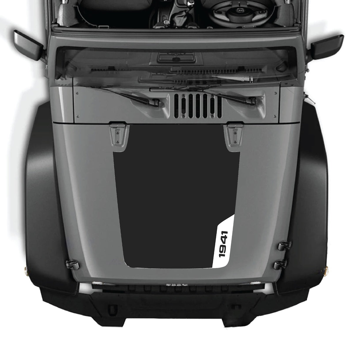 Jeep Wrangler JK/JKU hood decal by CarCode, Style #35, in black with bold graphic design on vehicle hood.