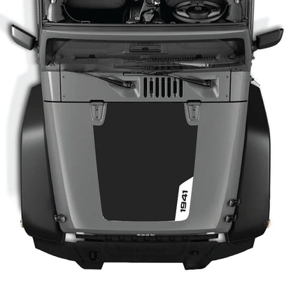 Jeep Wrangler JK/JKU hood decal by CarCode, Style #35, in black with bold graphic design on vehicle hood.