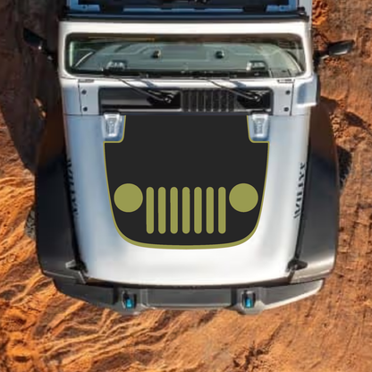 CarCode Jeep Wrangler JL and Gladiator JT hood decal in style #37, black graphic design on standard hood, 2018+ model.