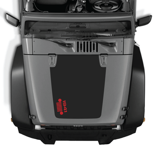 Jeep Wrangler JK hood decal by CarCode, style #57, black graphic design on the vehicle's hood for a customized look.