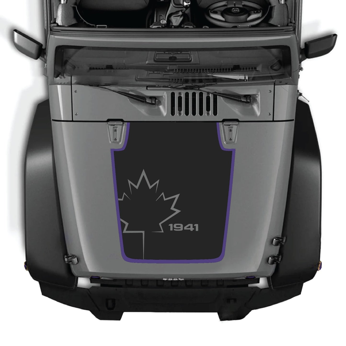 Jeep Wrangler JK/JKU hood decal by CarCode, style #72, black graphic design on vehicle hood for 2007-2018 models.