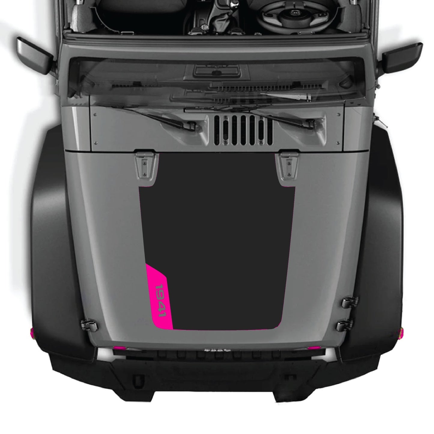 CarCode Jeep Wrangler JK/JKU hood decal, style #85, black graphic design on the vehicle's hood, compatible with 2007-2018 models
