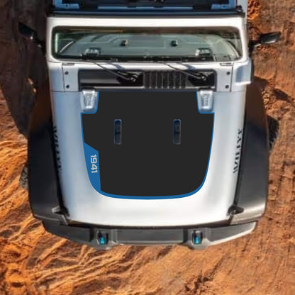CarCode Jeep Wrangler JL and Gladiator JT hood decal in style #99, black and white graphic design on standard hood for 2018+ models
