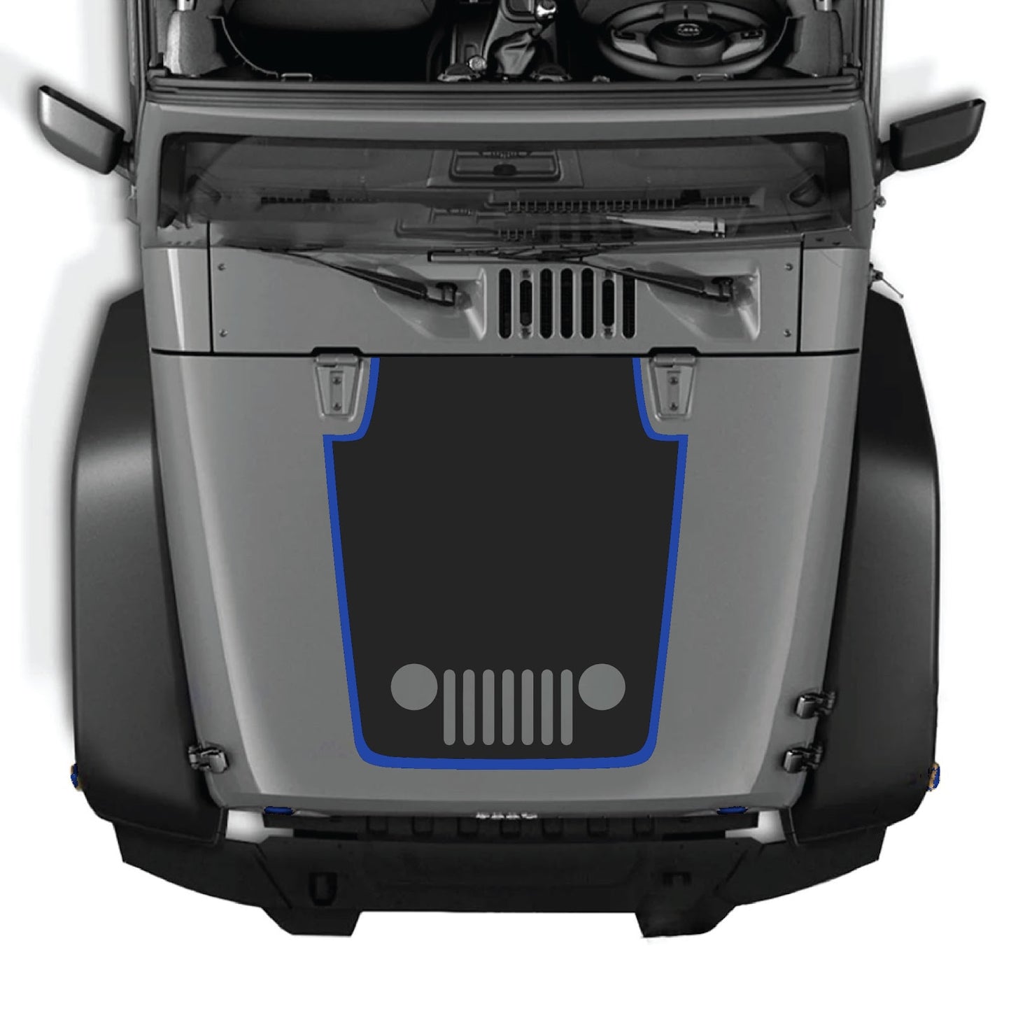 Jeep Wrangler JK/JKU hood decal by CarCode, style #80, featuring bold black design on the hood of a 2007-2018 Jeep Wrangler.