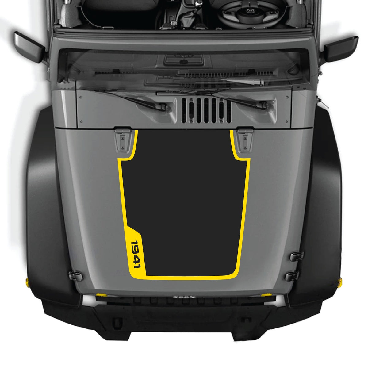 CarCode hood decal for Jeep Wrangler JK/JKU 2007-2018, style #38, shown on the vehicle's hood in this image.