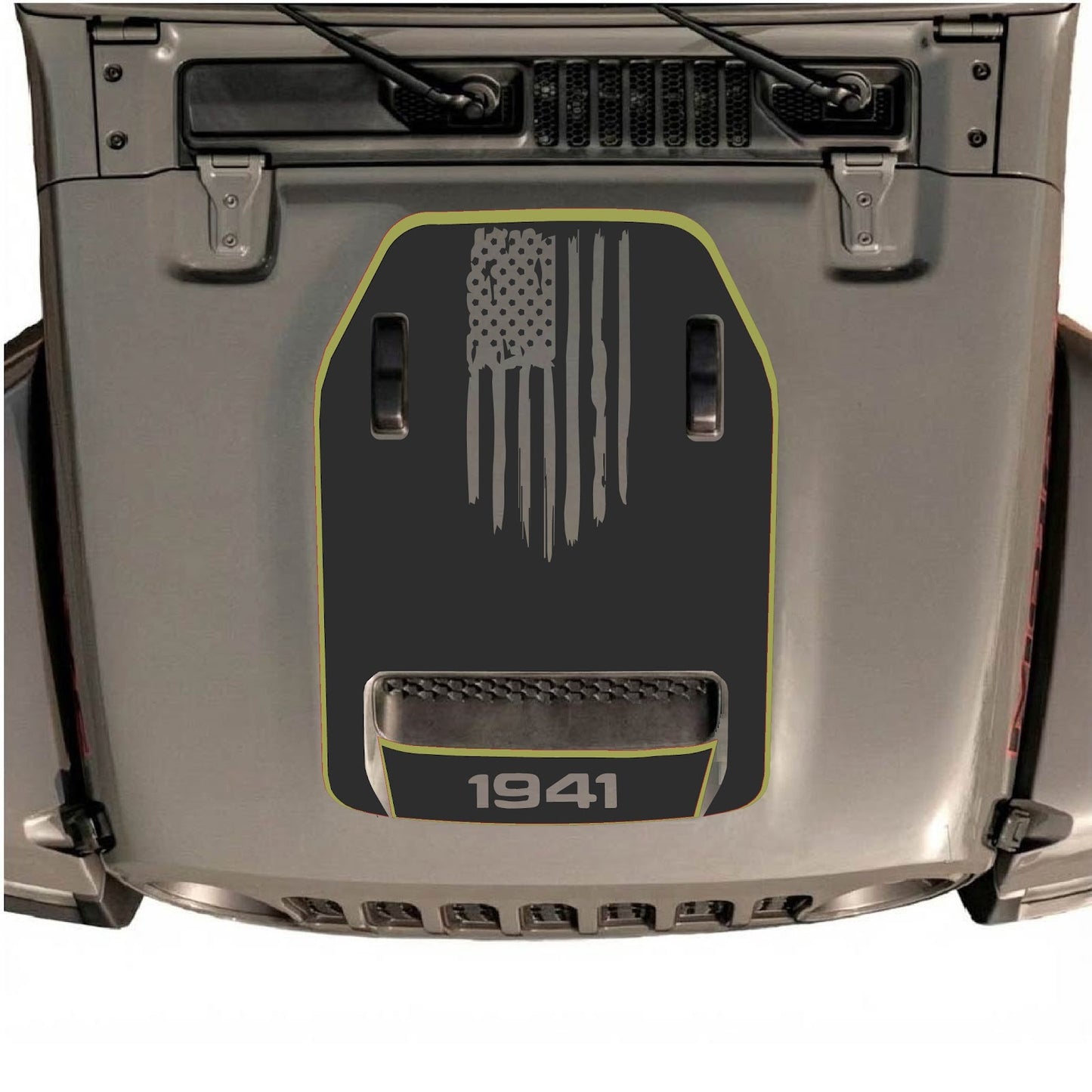 CarCode Jeep Wrangler JL/JLU Rubicon 392 and Gladiator Mojave hood decal, style #83, black graphic on vehicle hood.