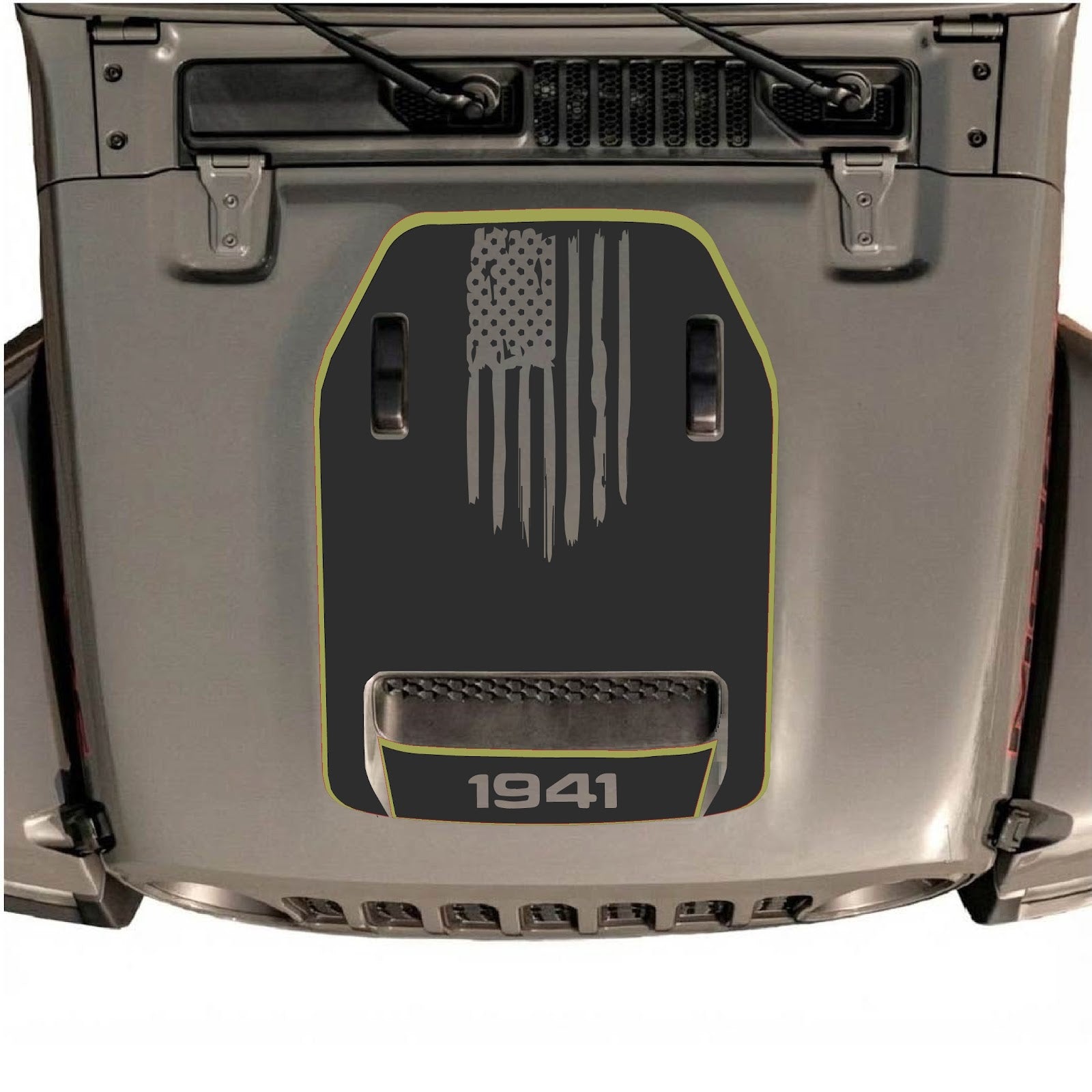 CarCode Jeep Wrangler JL/JLU Rubicon 392 and Gladiator Mojave hood decal, style #83, black graphic on vehicle hood.