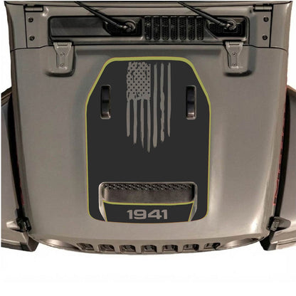 CarCode Jeep Wrangler JL/JLU Rubicon 392 and Gladiator Mojave hood decal, style #83, black graphic on vehicle hood.