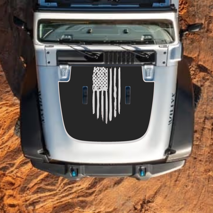 CarCode hood decal for Jeep Wrangler JL, JLU, Gladiator JT, 2018+ style, black and white graphic design on vehicle hood