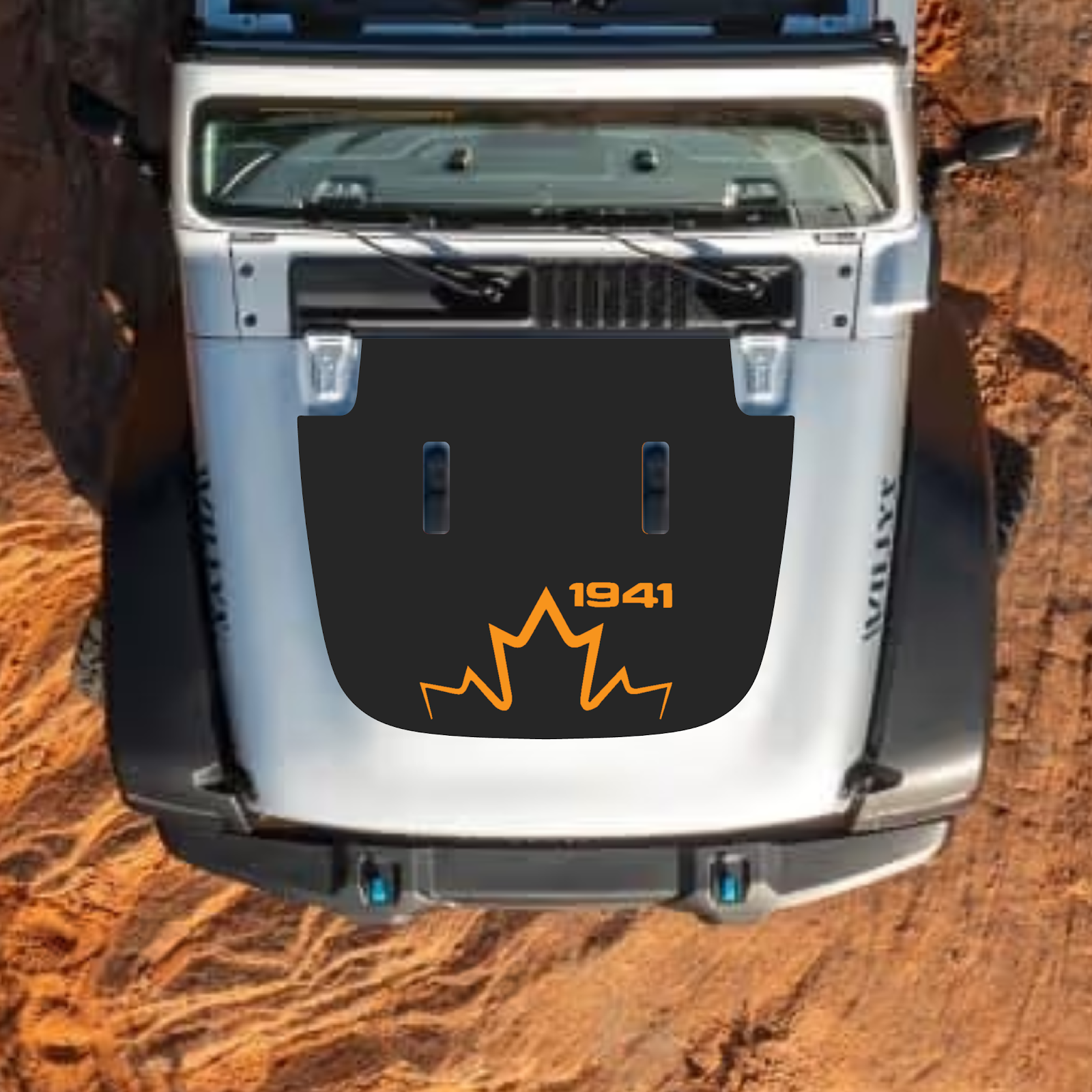 CarCode hood decal for Jeep Wrangler JL, JLU, Gladiator JT, standard hood, style #16, black graphic design on vehicle hood