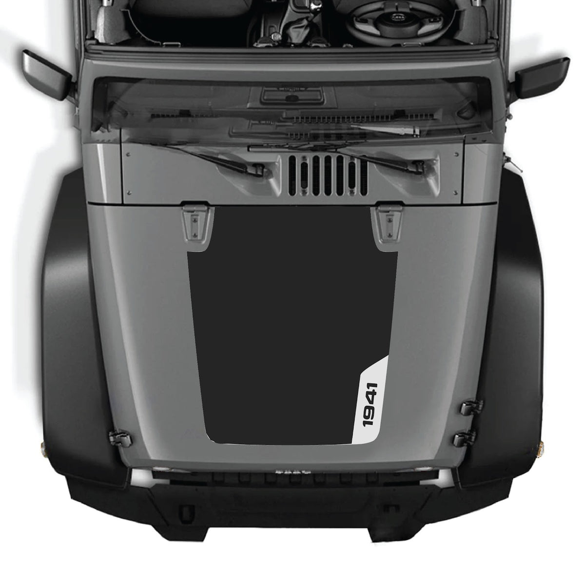 CarCode hood decal for Jeep Wrangler JK/JKU 2007-2018, style #35, shown applied on vehicle's hood in black and white design.