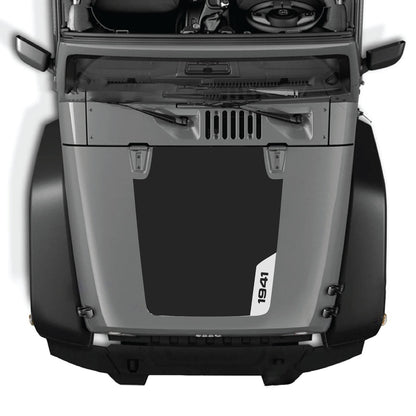CarCode hood decal for Jeep Wrangler JK/JKU 2007-2018, style #35, shown applied on vehicle's hood in black and white design.
