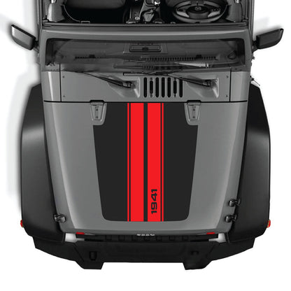 CarCode Jeep Wrangler JK/JKU hood decal in style #01, black graphic design on the vehicle's hood, fits 2007-2018 models