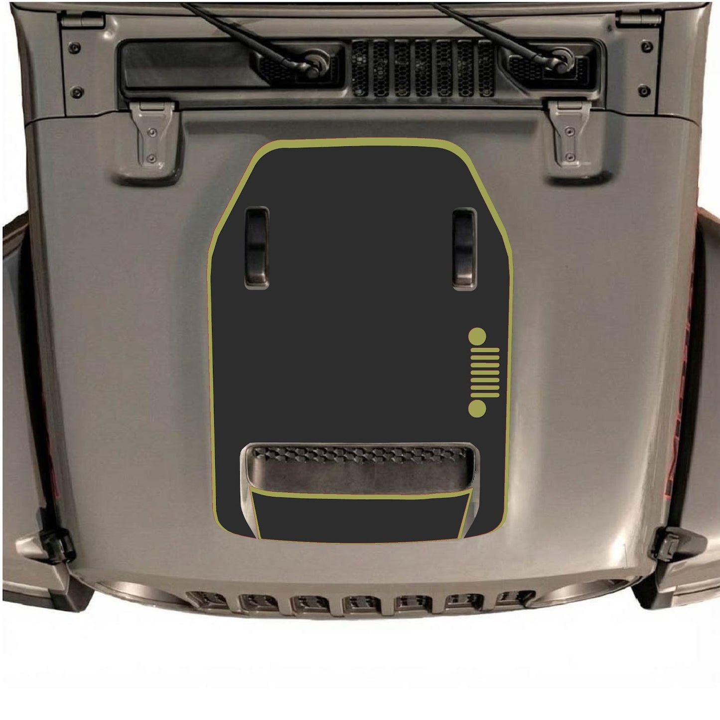 Jeep Wrangler JL/JLU Rubicon 392 and Gladiator Mojave hood decal by CarCode, style #57, featuring bold graphic design on vehicle hood