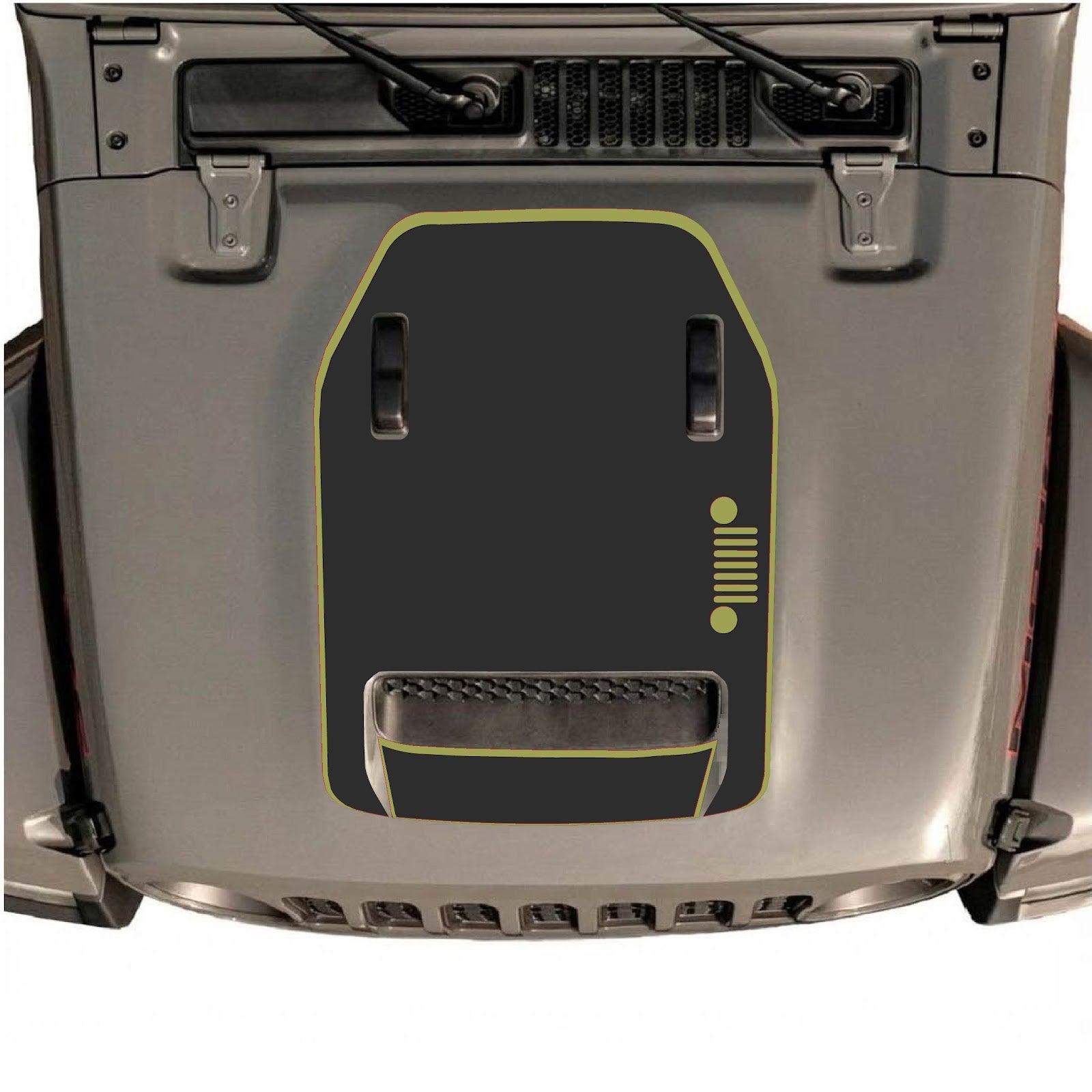 Jeep Wrangler JL/JLU Rubicon 392 and Gladiator Mojave hood decal by CarCode, style #57, featuring bold graphic design on vehicle hood