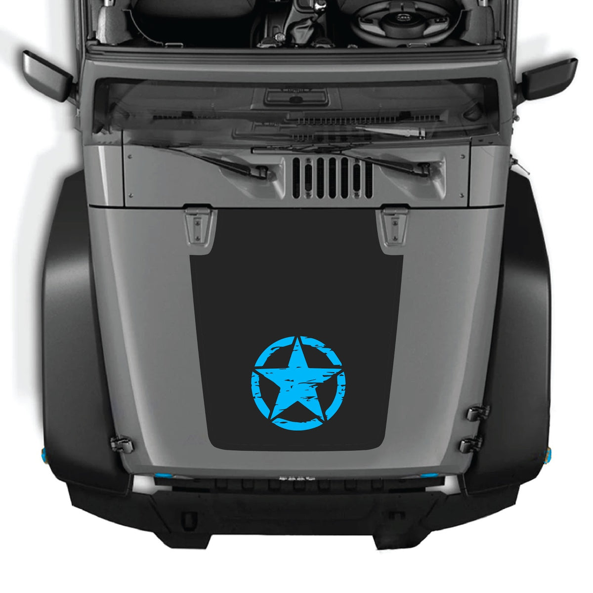 CarCode hood decal for Jeep Wrangler JK/JKU 2007-2018, style #13, shown on black Jeep with hood decal applied.