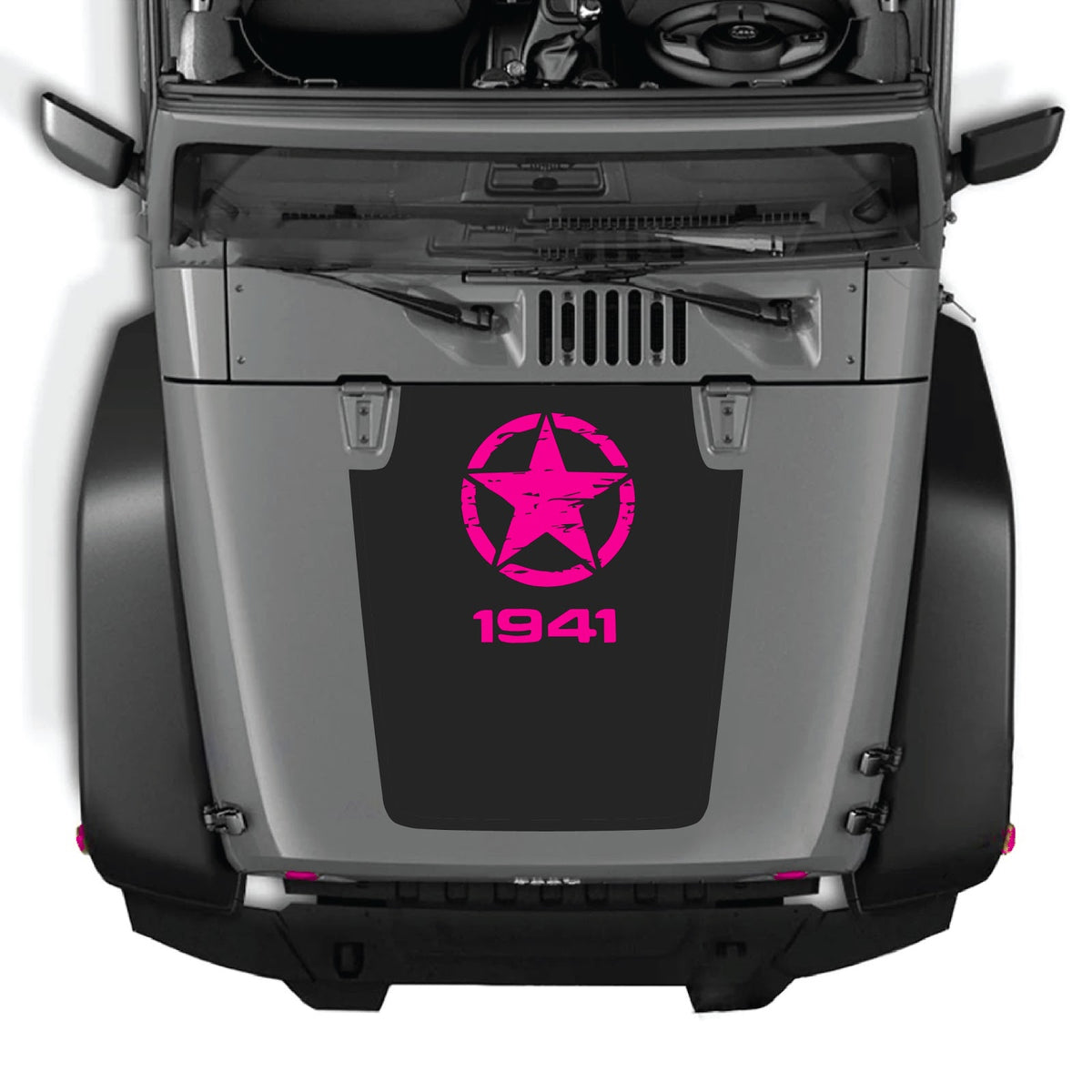Jeep Wrangler JK/JKU hood decal by CarCode, style #46, in black with white design on the vehicle's hood.