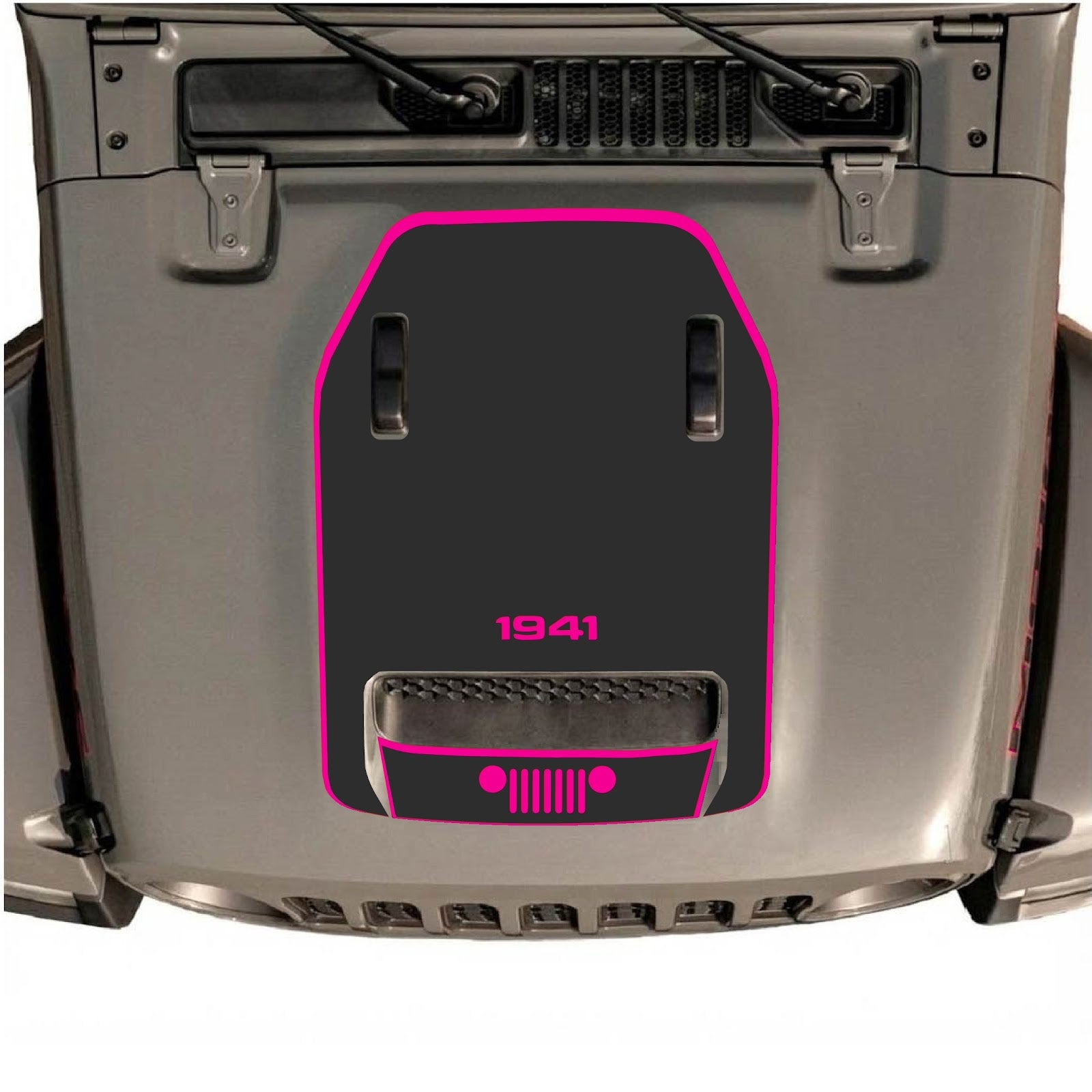 Hood decal for Jeep Wrangler JL/JLU Rubicon 392 and JT Gladiator Mojave, style #59, black and gray graphic design by CarCode