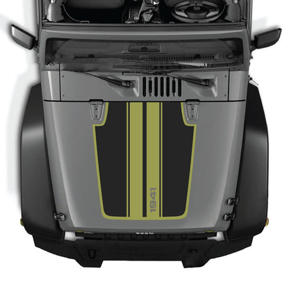 CarCode hood decal for Jeep Wrangler JK/JKU 2007-2018, style #66, shown on vehicle hood in black with bold design.