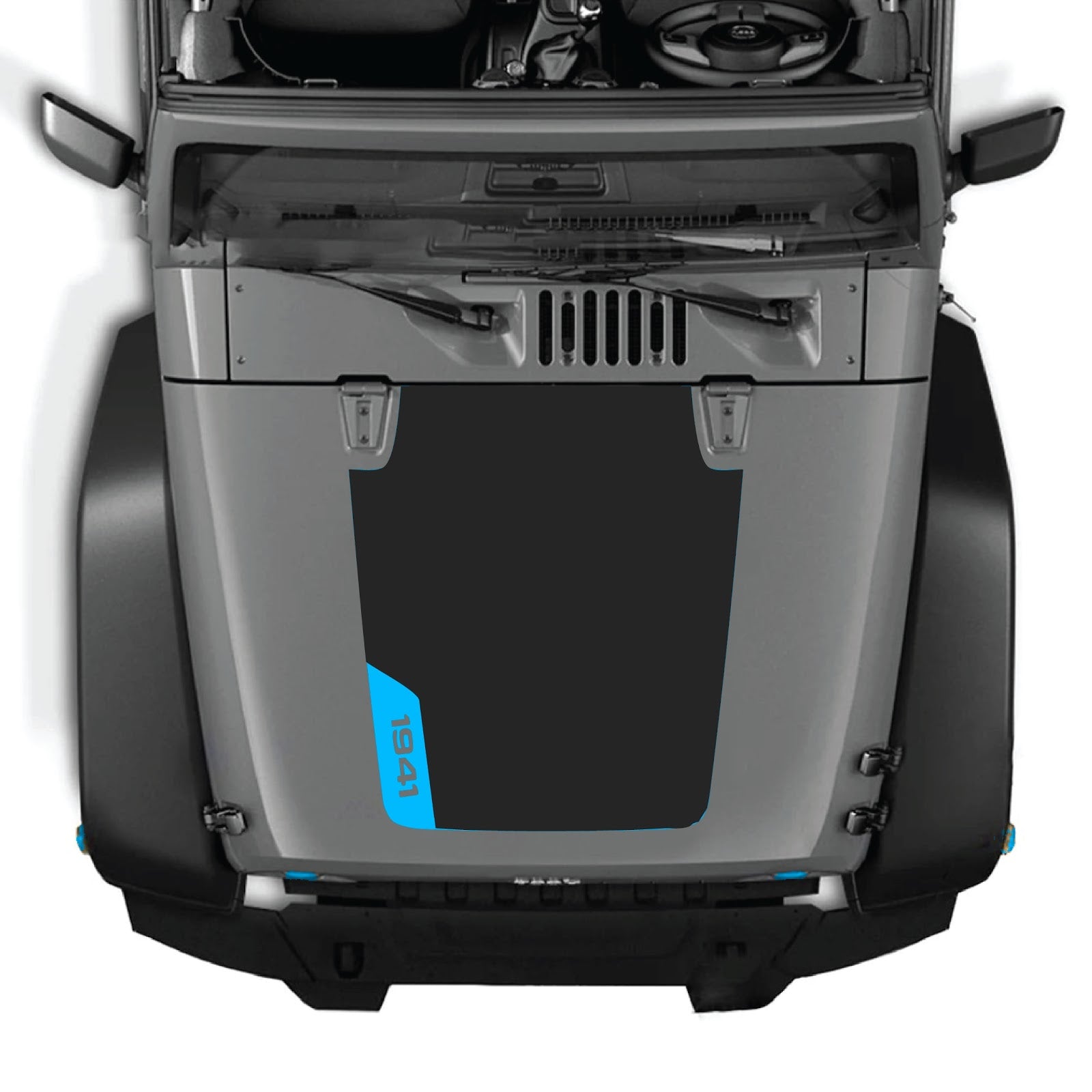 CarCode Jeep Wrangler JK/JKU hood decal, style #85, black graphic sticker installed on the vehicle's hood for a custom look.