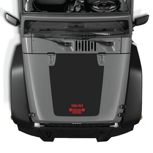 Jeep Wrangler JK/JKU hood decal by CarCode in style #53, black and white graphic design on vehicle hood.