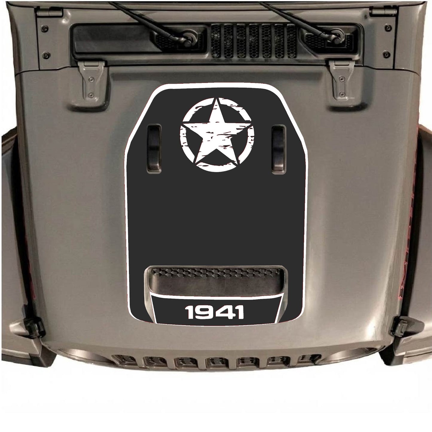 Jeep Wrangler JL/JLU Rubicon 392 hood decal by CarCode, style #39, featuring bold black and gray graphic design on vehicle hood