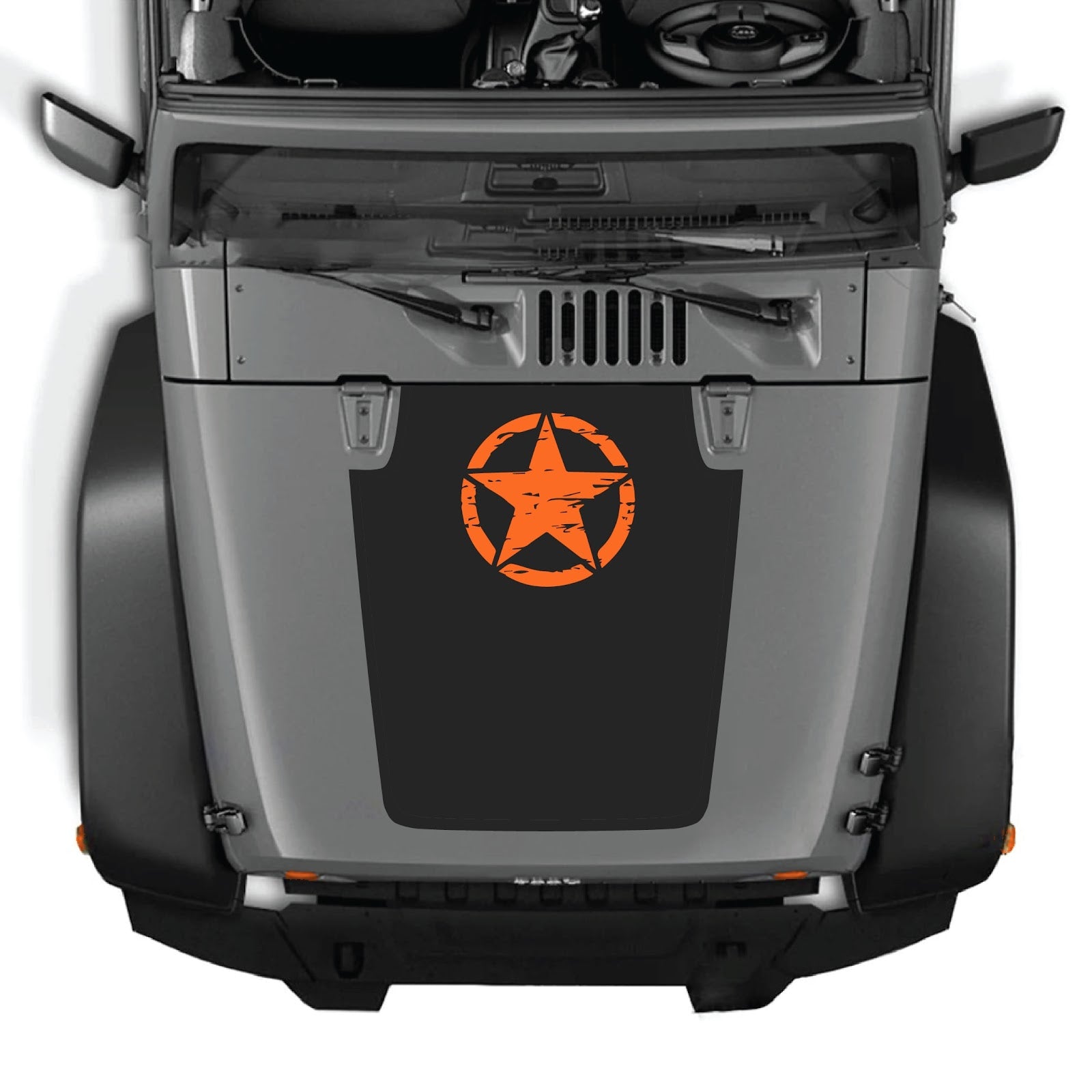 CarCode Jeep Wrangler JK/JKU hood decal Style #45 in black, featuring bold graphic design on silver hood surface.