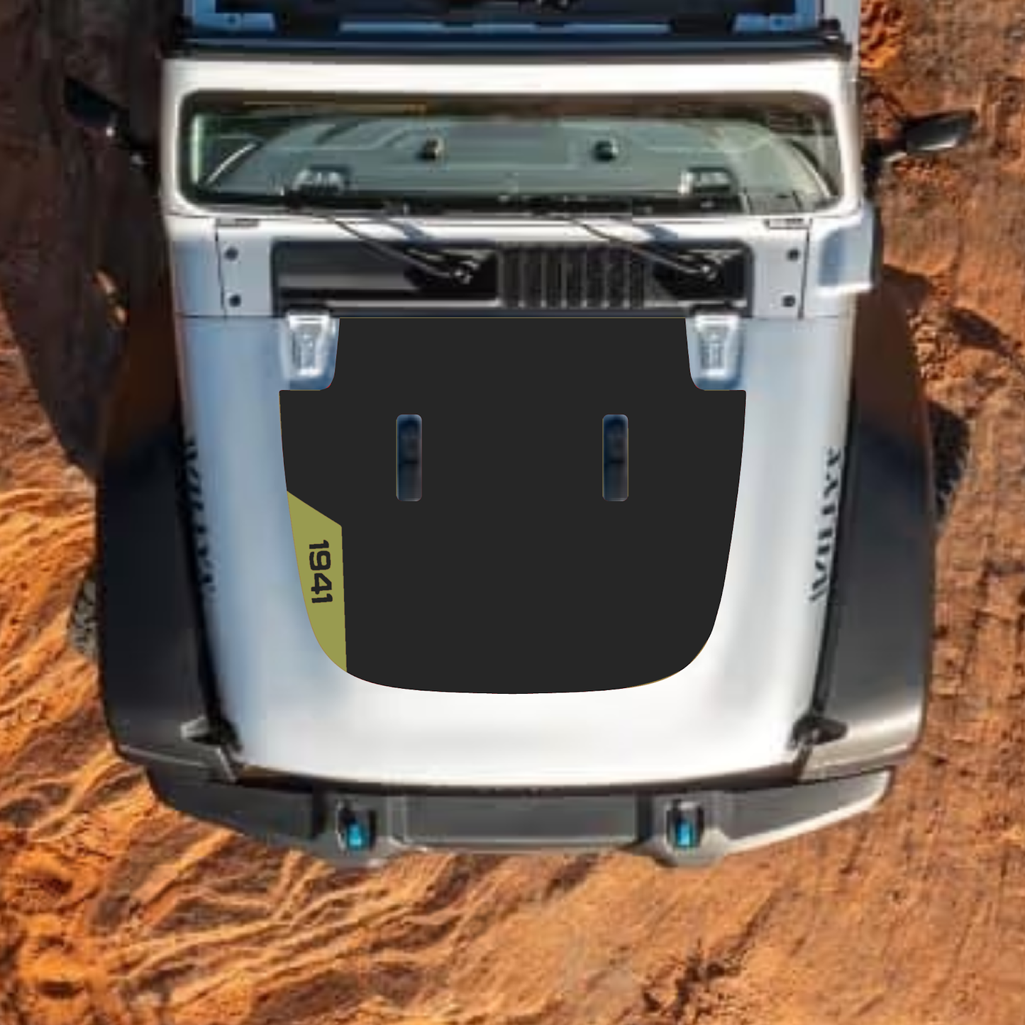 CarCode hood decal for Jeep Wrangler JL, JLU, Gladiator JT, standard hood, style #43, black and white graphic design