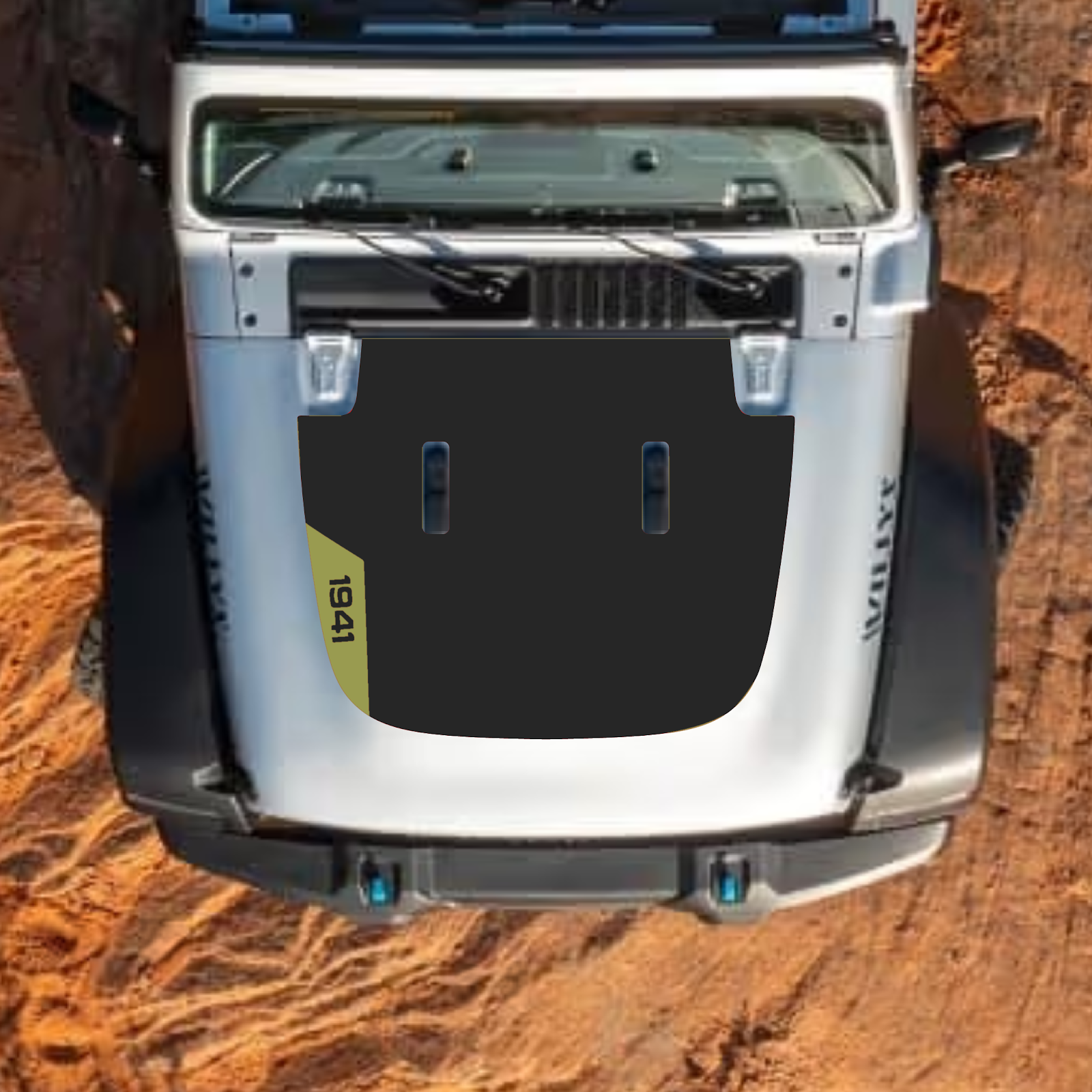 CarCode hood decal for Jeep Wrangler JL, JLU, Gladiator JT, standard hood, style #43, black and white graphic design