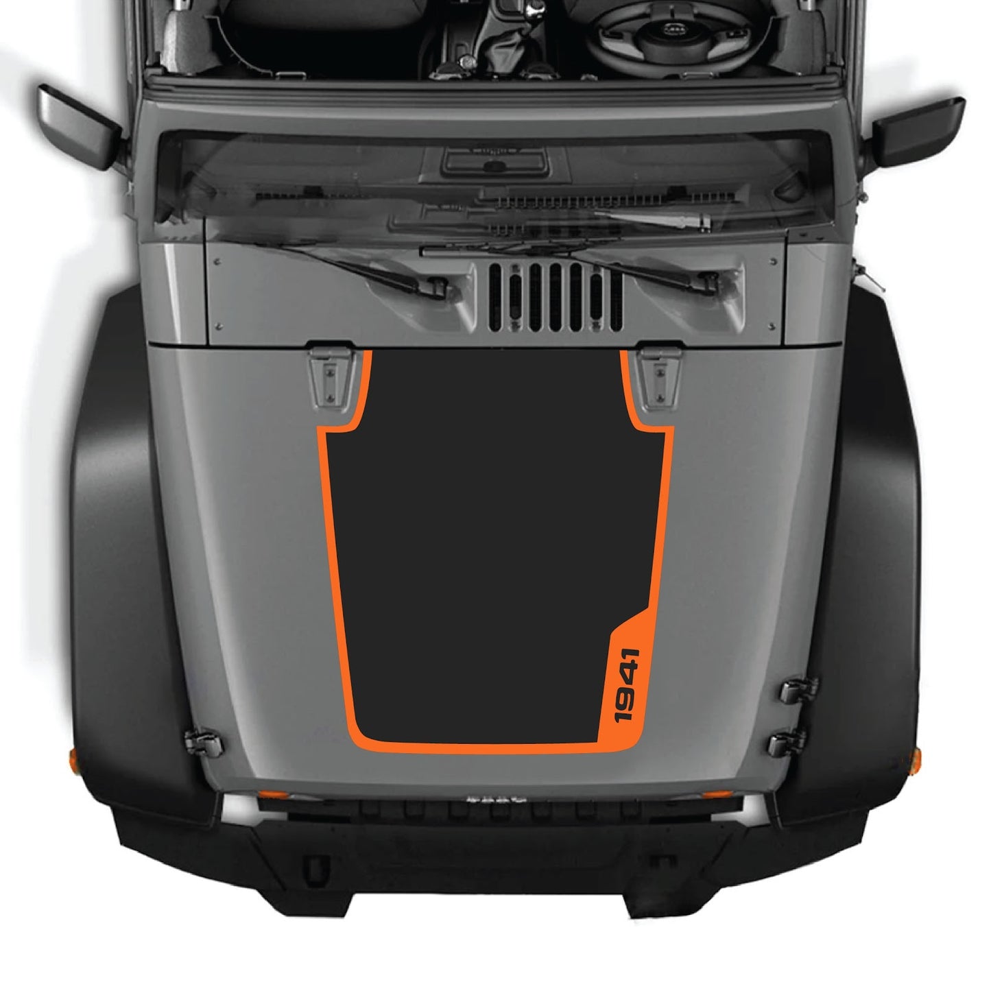 CarCode hood decal for Jeep Wrangler JK/JKU 2007-2018, Style #36, black graphic design on hood surface.