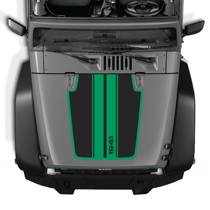 Jeep Wrangler JK/JKU hood decal in style #02 by CarCode, black graphic design applied to vehicle hood.