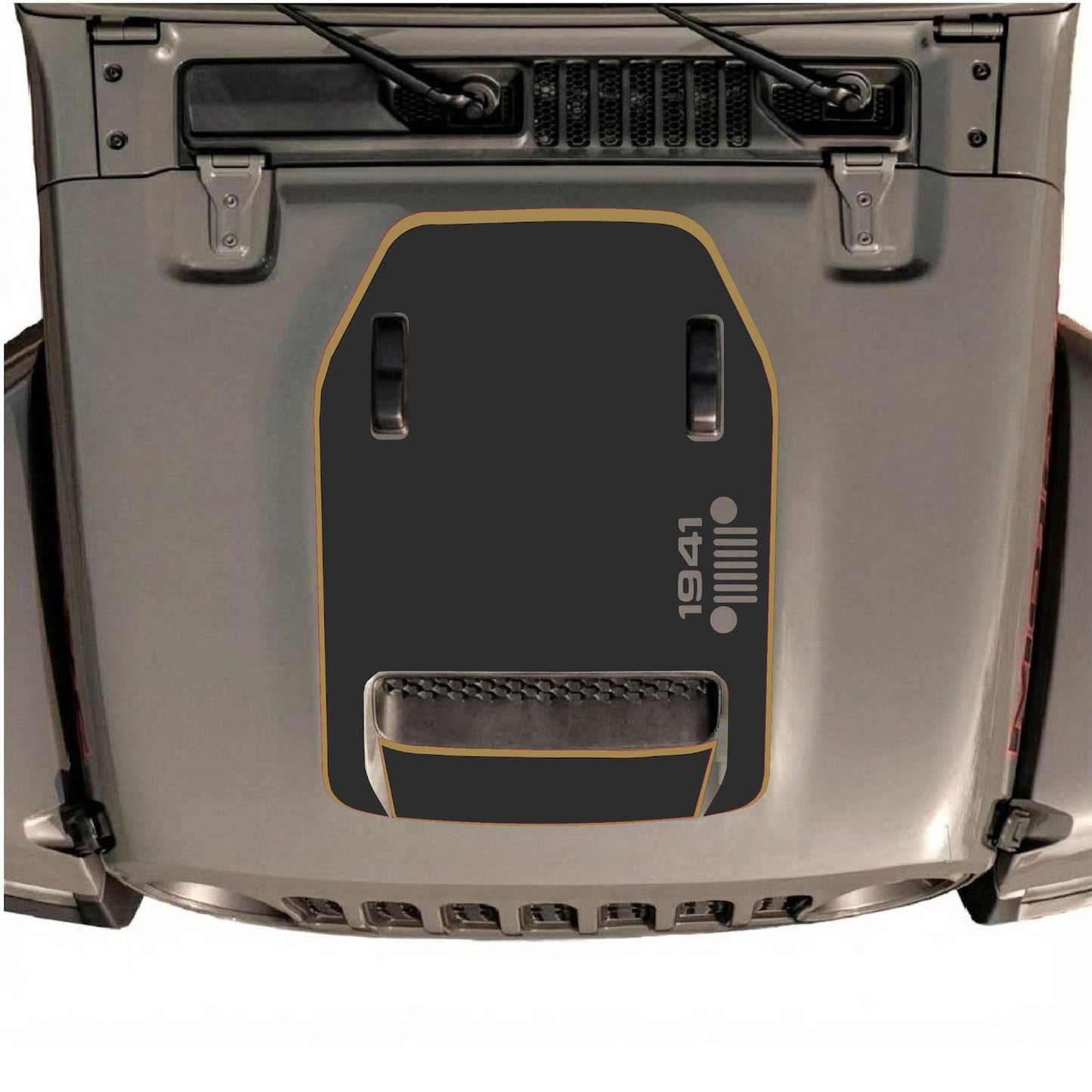 CarCode Jeep Wrangler JL/JLU Rubicon 392 and Gladiator Mojave hood decal in style #96, black and gray graphic design.