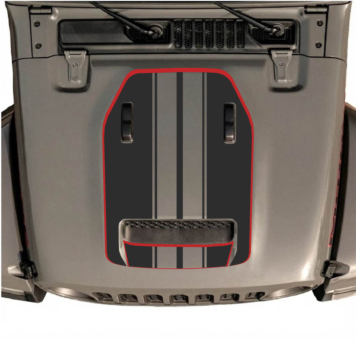 CarCode Jeep Wrangler JL/JLU Rubicon 392 and Gladiator Mojave hood decal, style #74, black and silver design on vehicle hood.