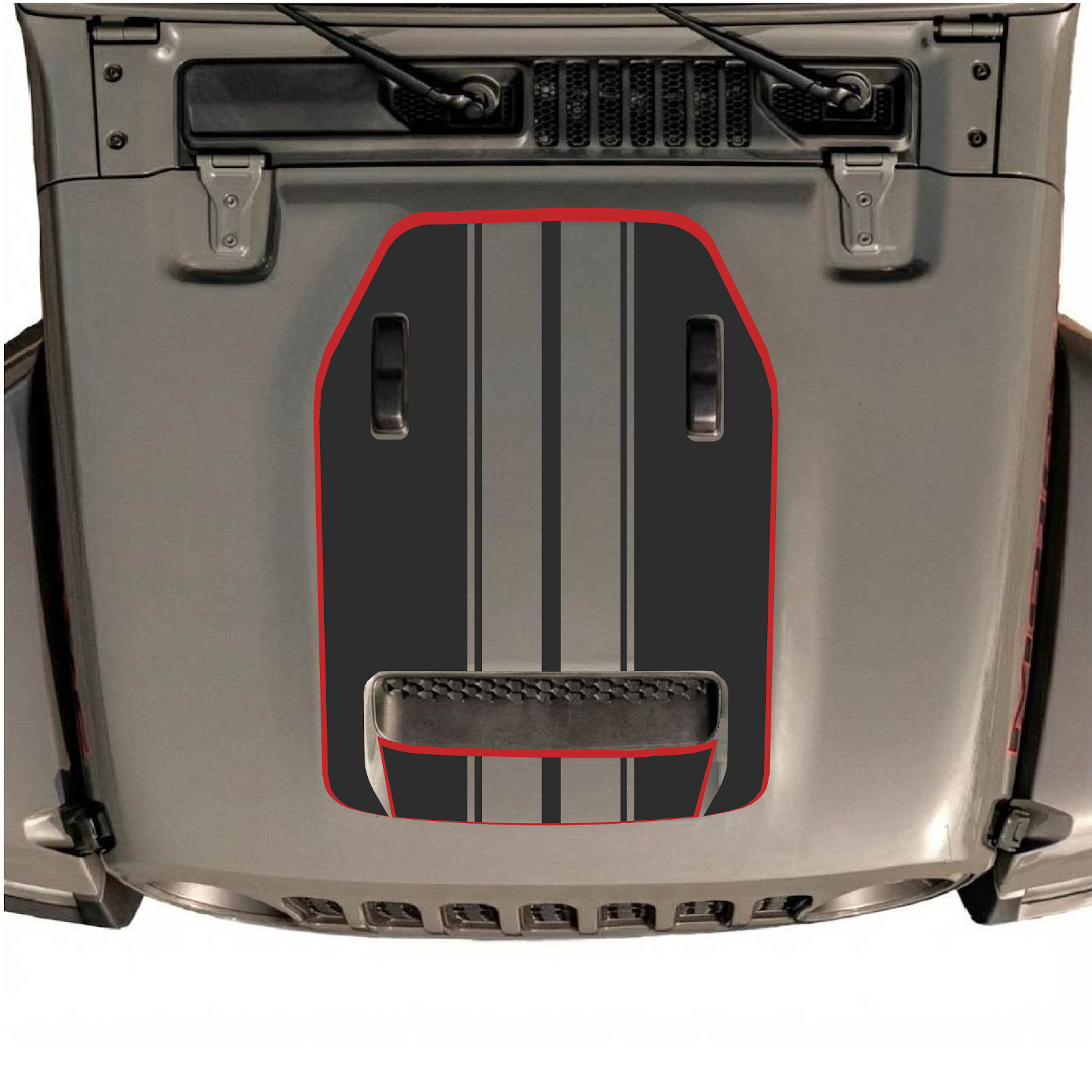 CarCode Jeep Wrangler JL/JLU Rubicon 392 and Gladiator Mojave hood decal, style #74, black and silver design on vehicle hood.