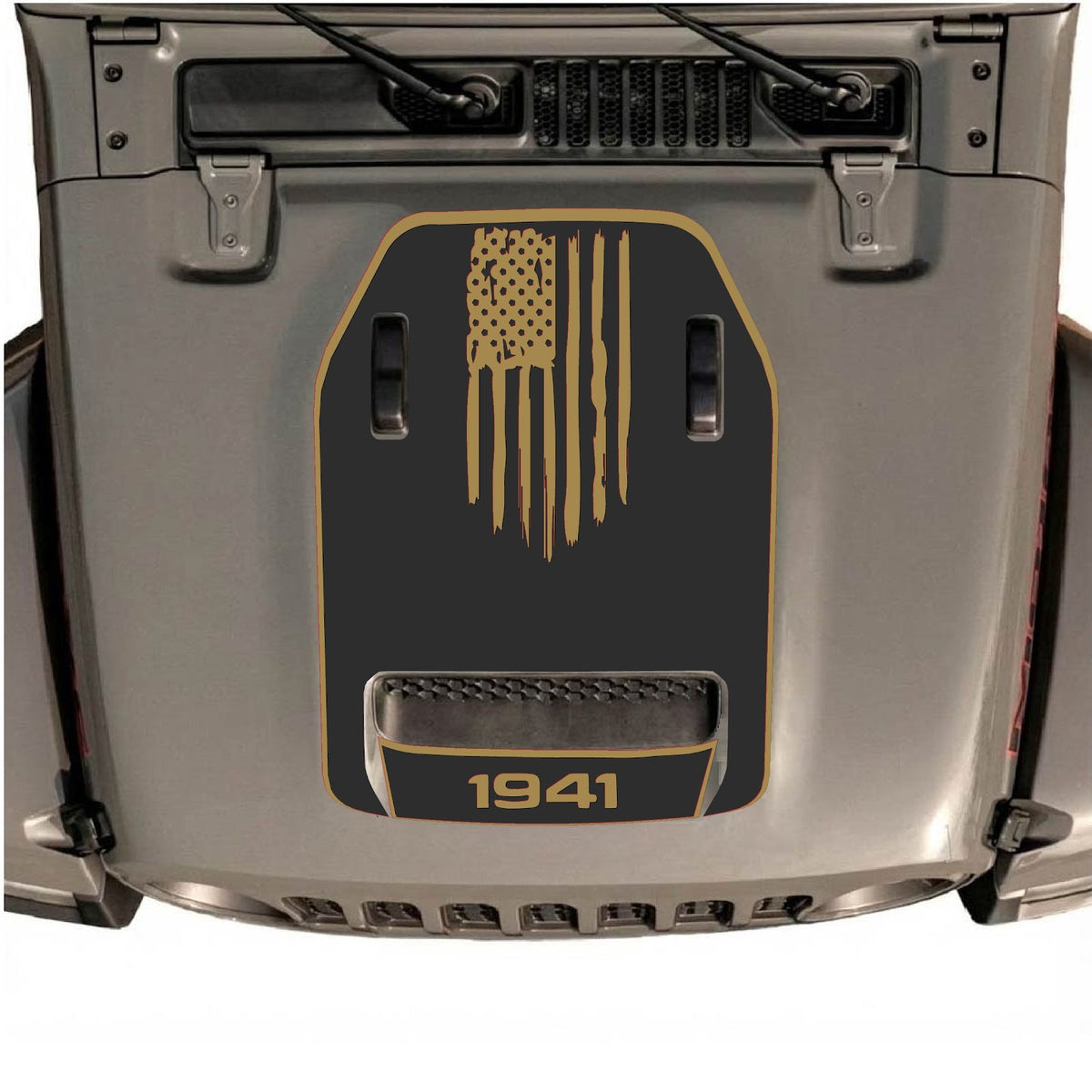 Jeep Wrangler JL/JLU Rubicon 392 or Gladiator Mojave hood decal in style #29, black and gray graphic design by CarCode.