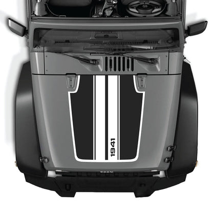 CarCode hood decal for Jeep Wrangler JK/JKU 2007-2018, style #02, featuring a bold graphic design on the vehicle's hood.